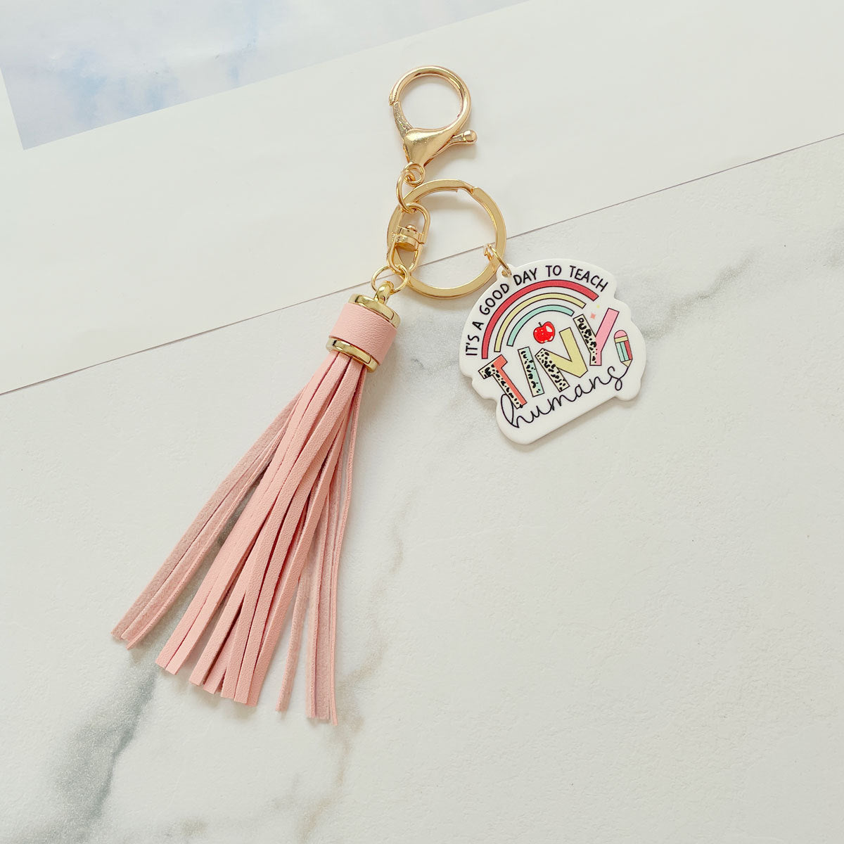 Wholesale Teacher Gifts Acrylic PU Tassel Bag Charm Keychain